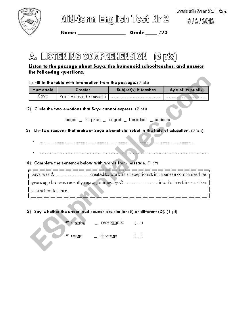 Mid-term Test Nr 2 (4th formers_Sciences) [Feb. 9th, 2012]_ Listening Script Included